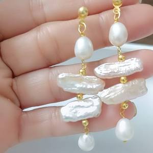 Boucles d'oreilles longues élégantes en perles naturelles de luxe, 5 cm, argent sterling 925, plaqué or 18 carats, bijoux de créateur, boucles d'oreilles de mariée en perles - Product Image 2