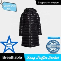 Jaket Puffer Hitam Panjang Berkerudung dengan Ritsleting, Mantel Tahan Angin dan Bernapas untuk Musim Dingin, Logo Depan, Unisex, Gaya Kasual