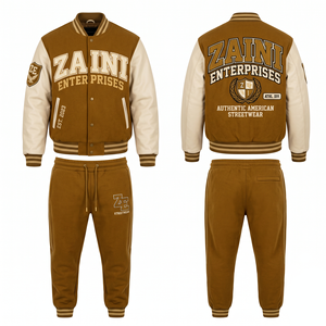 Chándal Deportivo Informal de Invierno Unisex de Primera Calidad, 320 GSM, de Algodón y Poliéster, Transpirable, con Cordón Ajustable, Color Beige con Mangas en Contraste - Product Image 1