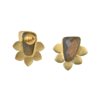 Anting-anting stud dengan bingkai bunga klasik Labradorit alami, ringan, buatan tangan, kuningan berlapis emas 18K, hadiah
