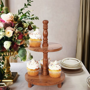 Bandeja redonda de madera de 2 niveles para decoración rústica de cocina, herramientas para pasteles, para exhibiciones de fiestas y centros de mesa - Product Image 1