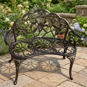 Banc de jardin en métal orné de motifs floraux avec accoudoirs incurvés à motif de roses, meubles décoratifs pour patio extérieur, pelouse, cour - Product Image 3