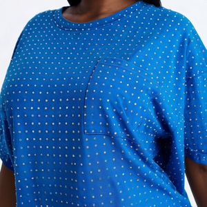 Camiseta de Verano de la Mejor Calidad para Mujer, Talla Grande, Azul con Diseño de Lunares, Cuello Redondo, Manga Corta, con Bolsillo, de Algodón Jersey, Corte Holgado - Product Image 3