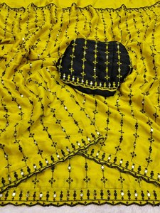 Yellow Silk Saree With Black Embroidery And Sequins Blouse For Women Traditional Indian Wedding Wear - Product Image 4