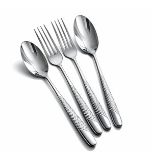Ensemble de couverts en acier inoxydable poli miroir, design moderne avec poignée diamant, fourchettes et cuillères à dîner, compatibles lave-vaisselle pour usage quotidien - Product Image 1