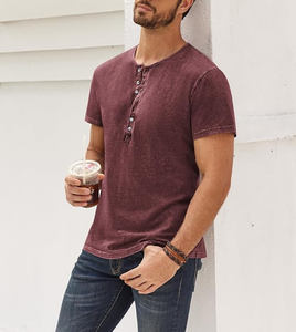 Chemises Henley OEM en gros, style vieilli, rétro, à manches courtes, décontractées, boutonnées, lavées, pour hommes, 100% coton, 240 GSM - Product Image 5