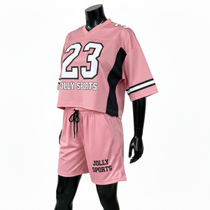 Ensemble short et maillot de football pour femmes, qualité supérieure, polyester, panneaux latéraux rose et noir, logo personnalisé, ensembles pour femmes 100% coton - Product Image 4