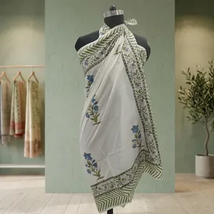 <b>White</b> Hand Block Printed Cotton <b>Bikini</b> Blue Floral Motif Green Border Reversible Front Traditional Ethnic Wear Women Elegant - Product Image 5