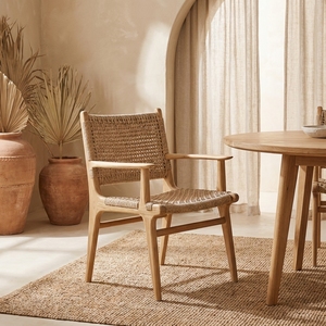 Silla de Comedor Moderna Malaka de Madera de Teca Sólida con Respaldo y Tejido de Ratán Sintético, No Plegable, Acabado Bien Lijado, Modelo Villa - Product Image 6