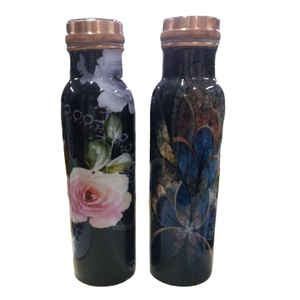 Bouteille en cuivre noire imprimée de fleurs avec 2 verres, bouteille d'eau en cuivre pur, vente en gros, 1 litre, bouteille en cuivre peinte - Product Image 2