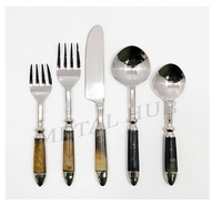 Ensemble de couverts en acier inoxydable 5 pièces avec manche incrusté de corne, fourchette, couteau, cuillère, vaisselle de table, ustensiles de cuisine