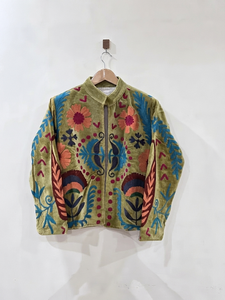 Wholesale <b>Women</b> Olive Green <b>Velvet</b> Jacket Hand Embroidered Vintage Ethnic Boho Open Front <b>Coat</b> Short Casual Winter Outerwear - Product Image 3