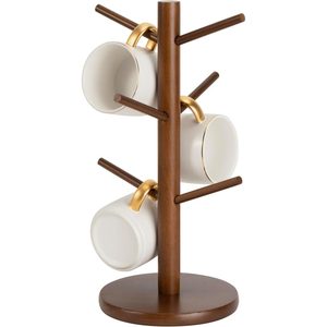 Support à tasses en bois marron, organisateur de tasses à café peu encombrant avec 6 crochets, présentoir de tasses de table pour la cuisine et la décoration intérieure - Product Image 1