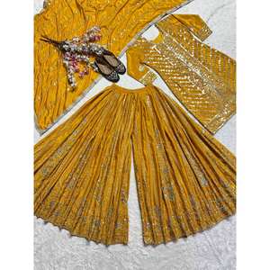 Top de fiesta para mujer de diseñador-Conjunto Plazzo y Dupatta con trabajo de bordado pesado - Product Image 3