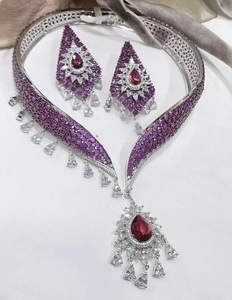 Alluring Premium Quality Brass Silver Plated CZ <b>Statement</b> Collar <b>Necklace</b> Earrings Set Women's Designer for Wedding Gift Party - Product Image 2