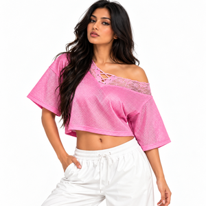 Womens <b>Pink</b> Lace Up Mesh Crop <b>Top</b> <b>Off</b> <b>Shoulder</b> Lace Panel Oversized Sleeve Streetwear Private Label Clothing Manufacturer - Product Image 2