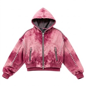 OEM Custom Acid Wash Full Zip Hoodies Rhinestone Studded Sleeves Heavyweight Fleece <b>Vintage</b> <b>Oversized</b> Streetwear <b>Sweatshirts</b> - Product Image 6
