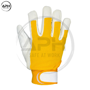 Gants de travail confortables en cuir blanc avec paume jaune et rouge, dos respirant, pour mécaniciens, ateliers de construction - Product Image 2