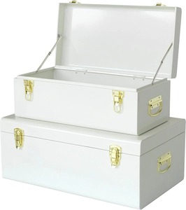 White Metal Trunk With Gold Latches Multipurpose <b>Storage</b> <b>Chest</b> Perfect For Clothes Books Keepsakes And Travel Accessory <b>Storage</b> - Product Image 1