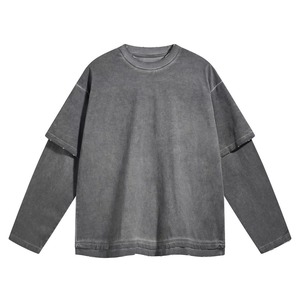 เสื้อยืดคอกลมแขนสั้นทรงโอเวอร์ไซส์สำหรับผู้ชาย สีเทาเข้ม ผ้าคอตตอนเจอร์ซีย์ สไตล์สตรีท ลุคซักยืด ดีไซน์เรียบง่าย - Product Image 6