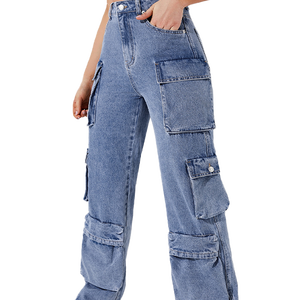 กางเกงยีนส์คาร์โก้ทรงหลวมเอวสูงสไตล์บอยเฟรนด์ หลายกระเป๋า ขาบาน ผ้าเดนิมเนื้อนุ่มสำหรับผู้หญิง - Product Image 2