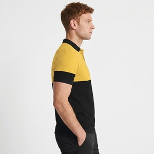 Polo tricoté personnalisé de haute qualité pour homme, à blocs de couleur, manches courtes, décontracté, design uni, noir et jaune, faible MOQ OEM - Product Image 3