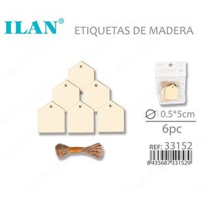 Etichette in Legno Ilan 5x0,5 Cm con Corda di Iuta, Confezione da 6 per Etichettatura di Indumenti - Product Image 3