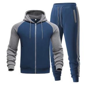 Survêtement à capuche bleu gris pour homme de qualité supérieure, ensemble de jogging à manches longues avec fermeture éclair et poches latérales, tenue décontractée pour l'automne - Product Image 1