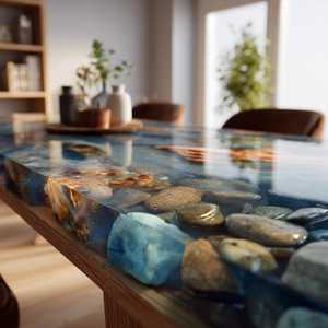 Modern Live Edge Wooden <b>Dining</b> <b>Table</b> With Epoxy Resin River And Pebbles Rectangle Design Durable Solid Wood - Product Image 6