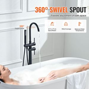 Rubinetto per vasca da bagno freestanding con doccia a pioggia, miscelatore a pavimento per vasca, rubinetto con beccuccio girevole a 360 gradi, due modalità di erogazione dell'acqua - Product Image 5
