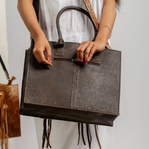 Luxury Genuine Cowhide Leather Duffle <b>Bag</b> With Tooled Fringe Western Style <b>Boho</b> Weekender Tote <b>Bag</b> Travel Gift For Women - Product Image 3