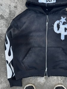 Relicstar 550gsm Eco-Friendly Polyester/Cotton Hooded Zip-Up Oversized Heavyweight Acid Wash Solid Custom Distressed Patch - Product Image 2