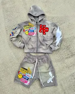 Ensemble de survêtement homme en coton, coupe droite, avec sweat à capuche à patch brodé personnalisé effet vieilli, délavé à l'acide, style vintage, fermeture éclair, et short d'été et pantalon de jogging - Product Image 2