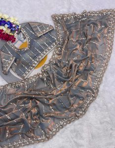 Sari de Organza de Diseño con Lentejuelas y Bordados, Blusa para Bodas y Fiestas, Sari Tradicional Indio - Product Image 5