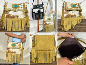 New Western Style Hair on Hide Fur Suede Leather Fringe <b>Bag</b> High Quality <b>Boho</b> Women Leather Shoulder <b>Bag</b> With Turquoise Stone - Product Image 3