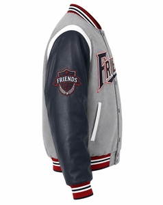 Veste varsity grise pour homme avec manches en cuir marine et logo brodé personnalisé sur la poche avant - Product Image 3