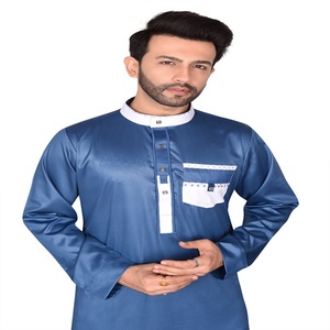 <b>Men's</b> Blue Polyester <b>Thobe</b> Long Sleeve Stand Collar Solid Color Casual Daily Wear Floor Length Regular Fit Vintage Style Summer - Product Image 2