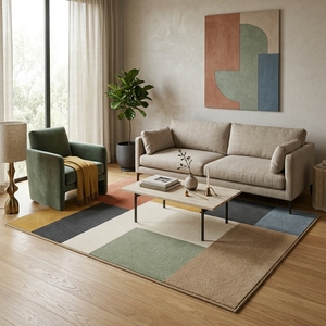 Tapis moderne tissé géométrique tufté à poils coupés en coton biologique, rectangulaire, antidérapant, pour salon, à poils moyens, design color block - Product Image 5