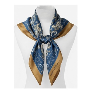 NORTH APPROACH Women's Square <b>Silk</b> Scarf Blue Gold Paisley Print Elegant Multi-Functional Fashion Accessory All Seasons - Product Image 1