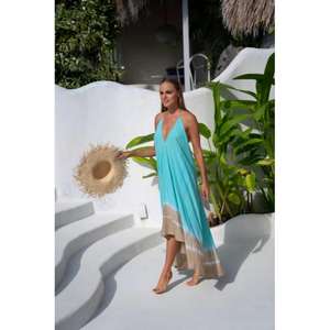 Vestido Maxi Aqua Sands Tie-dye Hecho a Mano, Elegante, 100% Algodón, Cuello en V, Tela Ligera y Transpirable, Estilo Halter para Mujer - Product Image 3