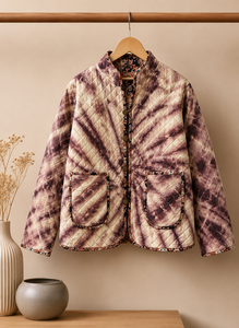 Vintage Tie Dyed <b>Quilted</b> Mandarin Collar Hooded Jacket Patch Pockets Full Sleeve 100% Organic Cotton Outerwear Warm Casual Coat - Product Image 1