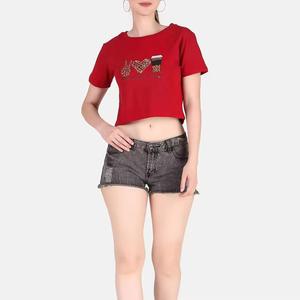 Women's <b>Red</b> <b>Crop</b> <b>Top</b> Peace Love Coffee Leopard Print Casual Short Sleeve O-Neck T-Shirt - Product Image 2