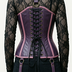 Purple Pink Leather Contrast Underbust Corset Neck Corset Thigh Harness Rivet Details Medium <b>Control</b> Plus Size Breathable - Product Image 4