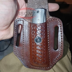 Premium <b>Brown</b> Vegetable Leather Sheath for Folding Hunting Knife with Carved Style Custom Knife Leather Sheath - Product Image 2