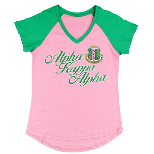 Camiseta AKA Pink Green con cuello en V para mujer, camiseta griega para hermandades, informal, elegante, de tela suave, manga corta, para uso diario - Product Image 1