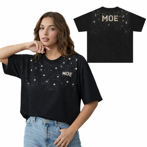เสื้อยืดโอเวอร์ไซส์ลายโลโก้ประดับเพชรหรูหรา สีดำ ลายดาวประดับเพชร สไตล์สตรีทแวร์ ฮิปฮอป ทรงหลวม แขนสั้น เสื้อผู้ชาย - Product Image 1