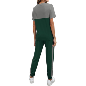 Conjunto Deportivo de Punto con Bloques de Color para Mujer, Manga Corta, Cuello Redondo, Corte Holgado, Pantalones Largos Casuales con Raya Lateral Verde Gris - Product Image 3