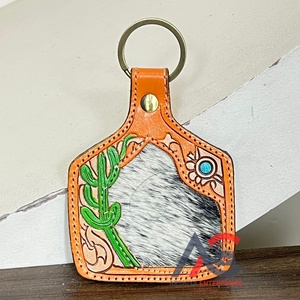 New RTS Hand <b>Tooled</b> <b>Leather</b> Cowhide Keychain Floral Cactus Design Western Key Fob Rustic Car Key Holder Gift for Women's & Men's - Product Image 1