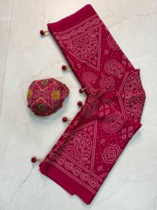 Sari de seda crepé Gaji con estampado Ajrakh de diseño elegante, combinado con una prenda de blusa sin coser. - Product Image 1
