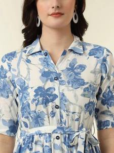 <b>Women</b> White Blue Floral Print <b>Collared</b> Shirt <b>Dress</b> Short Sleeve Tie Waist Tiered Ankle Length Summer <b>Dress</b> - Product Image 5